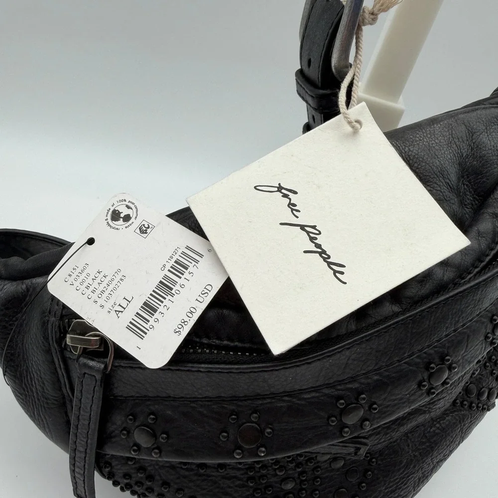 Free People Ana Adorned Sling Bag Black Leather Studded Crossbody Purse NWT